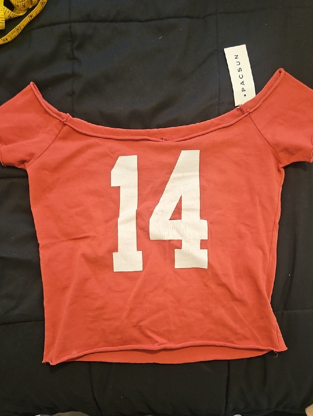PacSun Rust Red Off-Shoulder Crop Top with White '14' Front Print